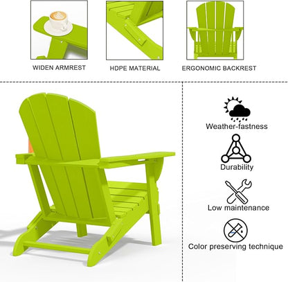 Folding Adirondack Chairs with Cup Holders, Set of 4 HDPE Plastic Outdoor Chairs, Weather Resistant, Real Wood Look, Heavy-Duty Patio Furniture for Deck, Fire Pit, Backyard, Apple Green