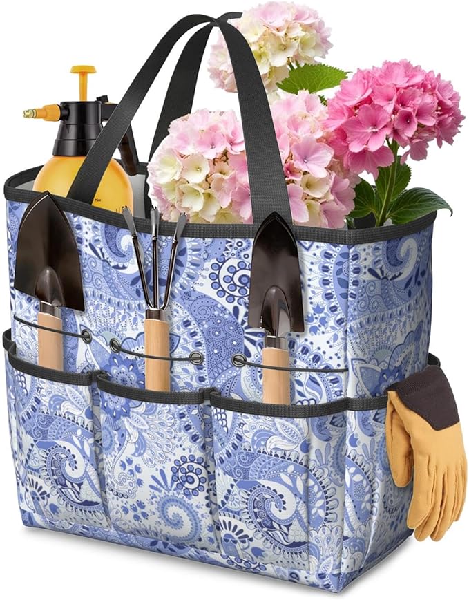 Paisley Garden Tool Bag - Waterproof Garden Tote with 8 Pockets, Large Storage Home Organizer Gardening Tool Oxford Bag for Garden Tools Kits Holder, Ideal Outdoor Gardening Gift for Women & Men