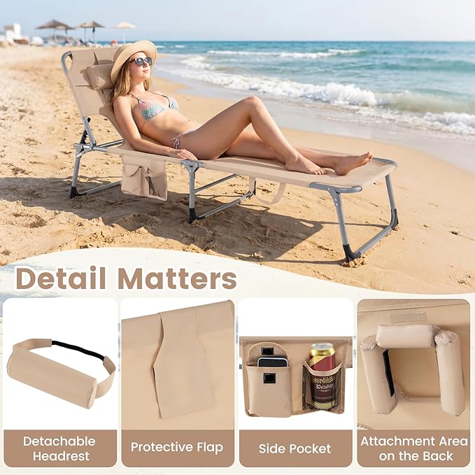 COSTWAY Tanning Chair with Face Hole, Folding Beach Lounge Chair | 4-Position Adjustable Backrest, Pillow & Side Pocket for Sunbathing, Camping (2, Beige)