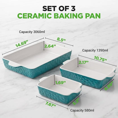 NutriChef 3-pc Casserole Dish Set for Oven, Ceramic Lasagna Baking Dishes, Deep Serving Dish with Handles - Aqua, (14.7"/ 10.8"/ 7.9")