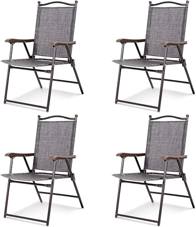 Tangkula Set of 4 Patio Folding Dining Chairs, Outdoor Sling Lawn Chairs with Armrests, Steel Frame, Portable Camping Lounge Chairs for Backyard, Deck, Poolside and Garden, No Assembly (2, Grey)