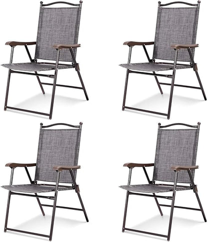 Tangkula Set of 4 Patio Folding Dining Chairs, Outdoor Sling Lawn Chairs with Armrests, Steel Frame, Portable Camping Lounge Chairs for Backyard, Deck, Poolside and Garden, No Assembly (2, Grey)