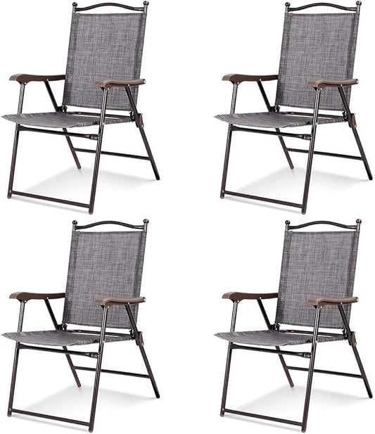 Tangkula Set of 4 Patio Folding Dining Chairs, Outdoor Sling Lawn Chairs with Armrests, Steel Frame, Portable Camping Lounge Chairs for Backyard, Deck, Poolside and Garden, No Assembly (2, Grey)