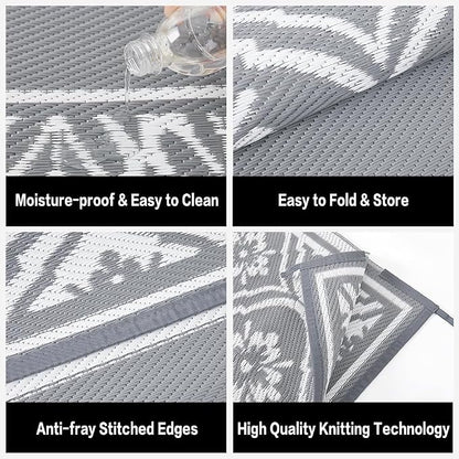 HUGEAR Outdoor Rug 8x10 Patio Waterproof Mat Camping Carpet Outside Area Rug Reversible Grey Rugs for RV Deck Entryance Porch Picnic Balcony Beach
