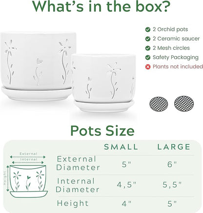 2 Pack, 5 + 6 Inch White Orchid Pots with Holes and Saucer, Ceramic Orchid Planters for Repotting with Drainage Holes and Tray, Plant Flower Pot containers for Orchid Indoor Outdoor