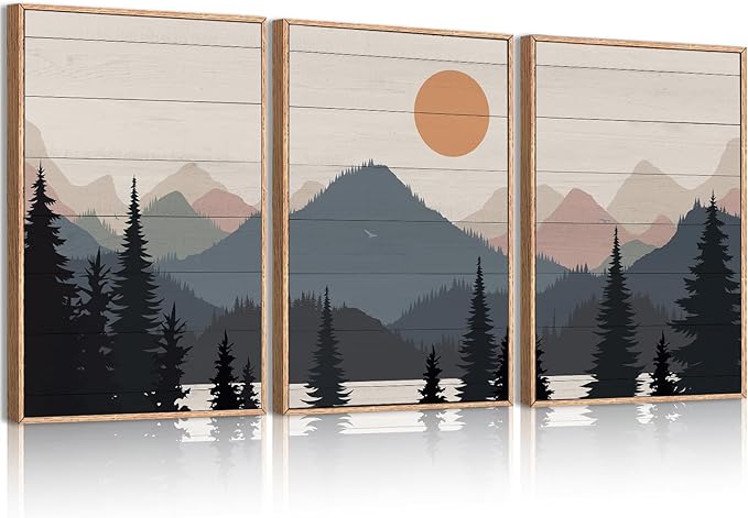 Anyzal Large Boho Mountain Framed Wall Art 16x24 Inch Abstract Lake Landscape Canvas Wall Decor Modern Forest Sunrise Artwork for Bedroom Living Room Office Set of 3