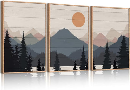 Anyzal Large Boho Mountain Framed Wall Art 16x24 Inch Abstract Lake Landscape Canvas Wall Decor Modern Forest Sunrise Artwork for Bedroom Living Room Office Set of 3