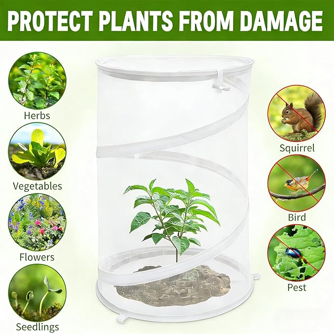 2 Pcs Pop Up Mesh Plant Protectors, 21 x 13 Foldable Garden Cover, Specifically Designed for Outdoor Vegetables, Seedlings & Flowers, Animal Barrier Cloches with Stakes (White)