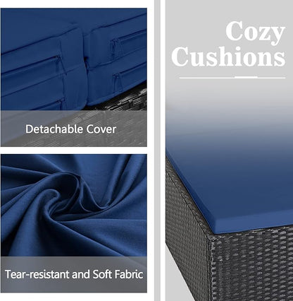 COSTWAY Outdoor Patio Rattan Daybed, Sponge Cushioned Loveseat Sofa with 4 Pillows, Wicker Furniture Sunbed for Balcony, Courtyard (Navy Blue)