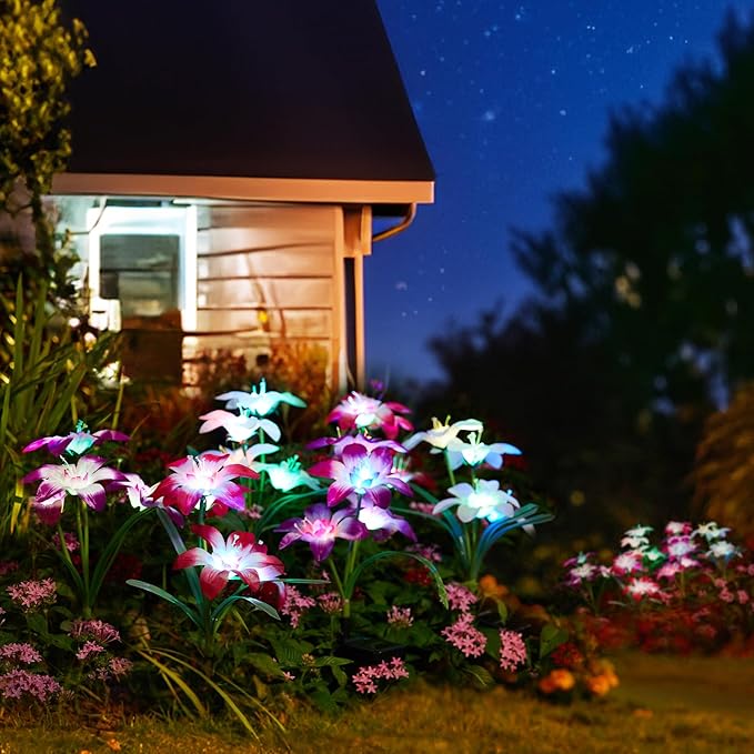 WdtPro Solar Lights Outdoor Waterproof Clearance, 8 Pack RGB Solar Garden Lights with 32 Enlarged Blooming Lily Flowers, 7 Color Changing Solar Lights for Outside Yard, Patio, Decor, Gifts