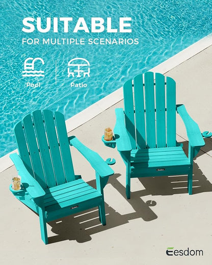 Adirondack Chairs Set of 4, Foldable Adirondack Chairs with 2 Cup Holder, Wood Texture HDPE Fire Pit Chairs, Outdoor Lawn Chair for Patio Garden, Lake Blue