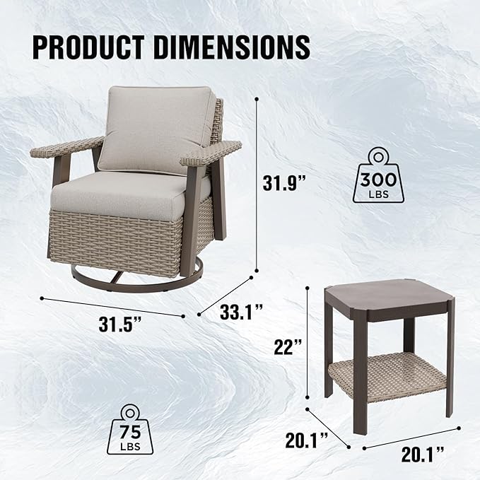 EAGLE PEAK Classic Wicker Patio Bistro Set of 3, Outdoor Patio Furniture with 360° Swivel Rocker Chair and Side Table, Lounge Set for Porch, Deck, or Balcony, Beige/Beige