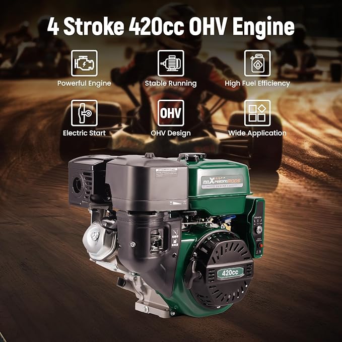 maXpeedingrods 15HP 420cc Gas Engine, Electric Start 4 Stroke OHV Horizontal Gasoline Engine, Shaft 1" (25.4mm) Diameter, Shaft 1/4" Keyway, for Go-Karts Log Splitters Compressors Lawn Mowers