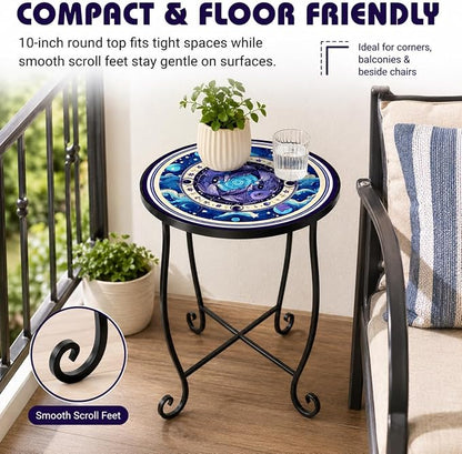 15 Inch Tall Outdoor Side Table, Metal Patio End Table with Twin Koi Fish Pattern, Rust Proof Black Small Garden Stool for Deck, Coastal Decor & Mermaid Table Gift