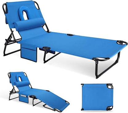 3-in-1 Sun Tanning Chair with Face Holes, Folding Chaise Lounge Chairs, 5-Position Adjustable Lounge Chair Outdoor with 2 Side Pocket & Pillow, for Pool Beach, Patio, Camping, Blue