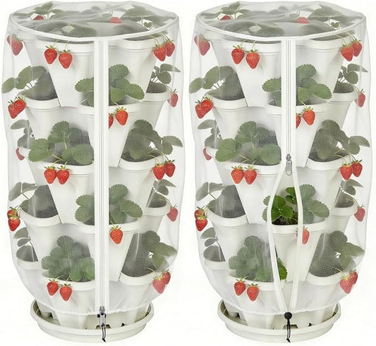 2 Pcs Vertical Plant Pot Insect Netting with Zipper, 39"x20" Stackable Planter Garden Net Cover, 3 to 5 Tier Planter Pot Insect Bird Barrier Protection Mesh for Strawberry Herb Flower Fruit Vegetable