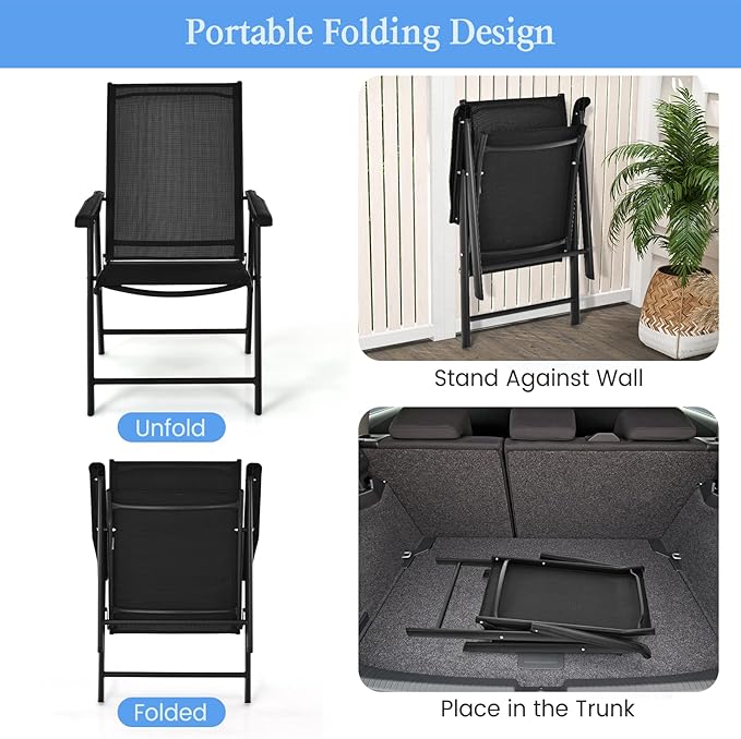 Tangkula Set of 6 Patio Folding Chairs, Outdoor Fabric Dining Chairs with High Back & Armrests, Sturdy Metal Frame for Patio Lawn Garden (Black)