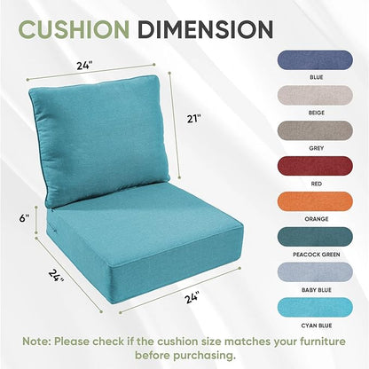 Outdoor Chair Cushions Set of 2, Waterproof 24x24 Patio Chair Cushions, 6" Thickened Seat Cushion for Outdoor Furniture, Couch Cushion Replacement, Include 2 Back & 2 Seat Cushion, Thick/CyanBlue