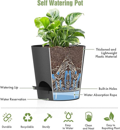 WSMKSZ 4 inch Self Watering Pots for Indoor Outdoor Plants, 6 Pack Plastic Flower Planters with Drainage Holes and Removable Saucers, Plant Pots with Wicking Rope, Modern Decor, Black