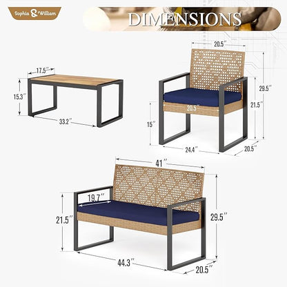 Sophia & William 4 Pieces Patio Conversation Set, Wicker Outdoor Furniture Set for 4, All Weather Outdoor Seating Set, Rattan Loveseat & Chairs with Cushions & Coffee Table, Yellow and Navy Blue