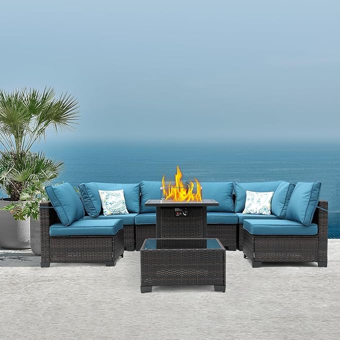 8 Pieces Patio Sets with 28" Gas Fire Pit Table Wicker Rattan Outdoor Furniture Set Conversation Set with Garden,Balcony,Pool, Deck (Brown & Peacock Blue, 8pcs Set)
