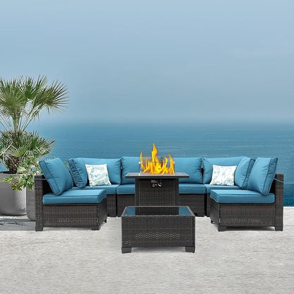 8 Pieces Patio Sets with 28" Gas Fire Pit Table Wicker Rattan Outdoor Furniture Set Conversation Set with Garden,Balcony,Pool, Deck (Brown & Peacock Blue, 8pcs Set)