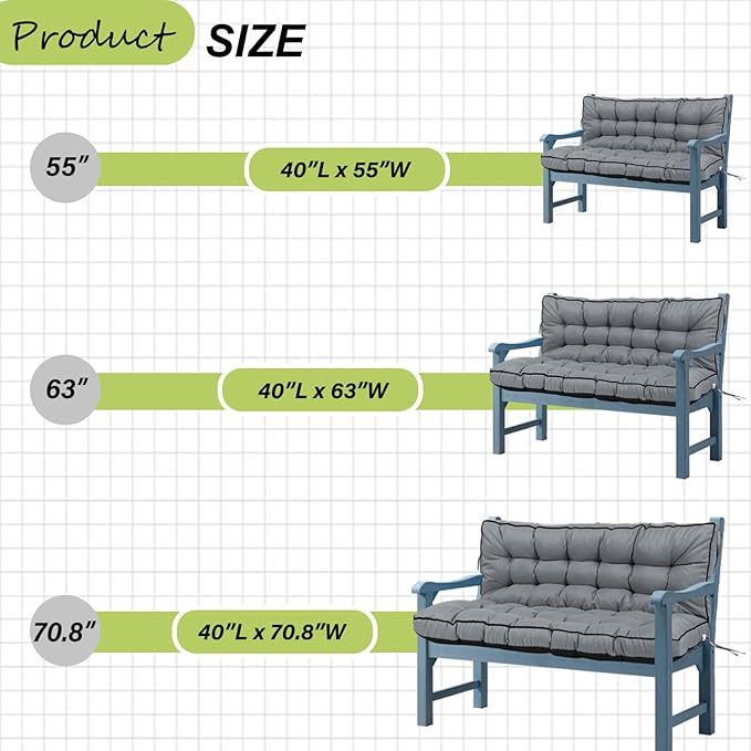 Swing Replacement Cushions with Backrest, 2 or 3 Seater Waterproof Non-Slip Overstuffed Swing Pad, Indoor/Outdoor Bench Cushion for Porch Chair Swing Garden Furniture (Light grey, 40 * 55 in)