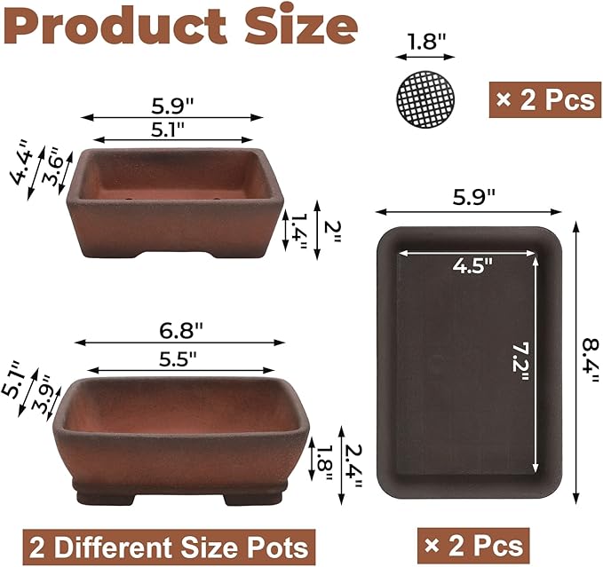 2 Pack Ceramic Bonsai Pots with Drainage Tray, 6" and 7" Unglazed Rectangle Bonsai Tree Planters, Bonsai Training Pots, Succulent Cactus Planter with Drainage Hole for Outdoor Indoor, Brown