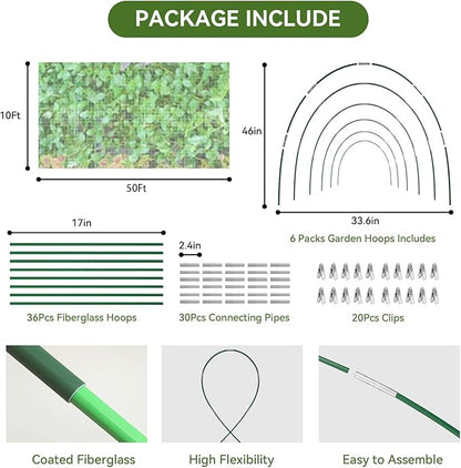 Garden Netting Kit for Raised Beds, 10x50FT Ultra Fine Mesh Netting＆ 6 Sets of 8FT Fiberglass Garden Hoops, Row Cover Insect Netting for Vegetable Plant Fruit Flowers Protection