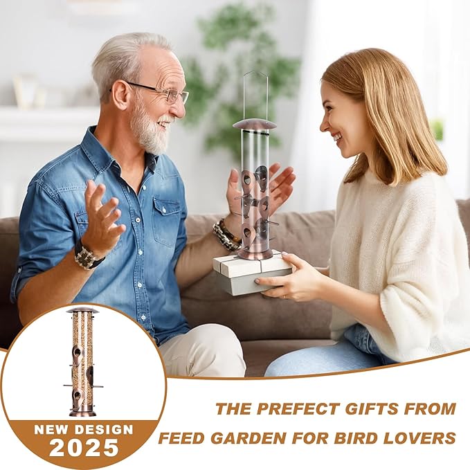 FEED GARDEN Metal Bird Feeder - 6 Port Tube Feeder for Outdoors, Heavy Duty Squirrel Proof with Metal Lid, Easy Fill & Clean, Weather Resistant Copper Finish, 13 Inch