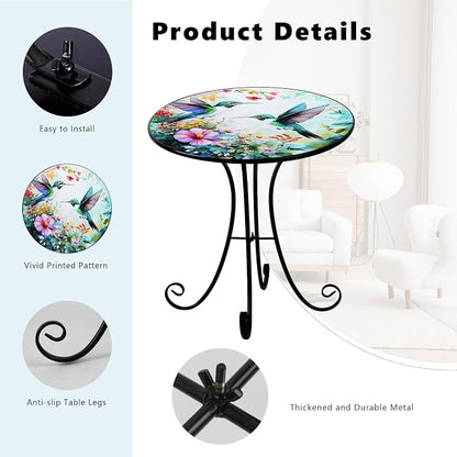 Outdoor Side Table, Hummingbird & Flower Round Accent Table, 18" Metal Indoor Small End Tables, Plant Stand Tables for Patio Yard Balcony Garden Bedside