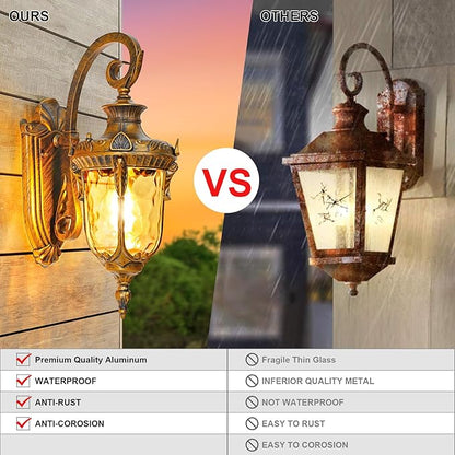 Outdoor Wall Lights, Waterproof Aluminum Porch Wall Light for Outside House, Patio, Yard, Garden, Gold Gooseneck Exterior Wall Sconce, Hardwired Outdoor Acorn Shape Lantern Lamp, Water Ripple Glass