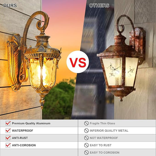 Outdoor Wall Lights, Waterproof Aluminum Porch Wall Light for Outside House, Patio, Yard, Garden, Gold Gooseneck Exterior Wall Sconce, Hardwired Outdoor Acorn Shape Lantern Lamp, Water Ripple Glass
