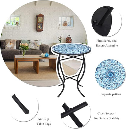VCUTEKA Mosaic Outdoor Side Table, 14" Round Small Patio Accent Table Indoor End Table for Yard, Garden, Living Room, Bistro Balcony or Lawn Blue