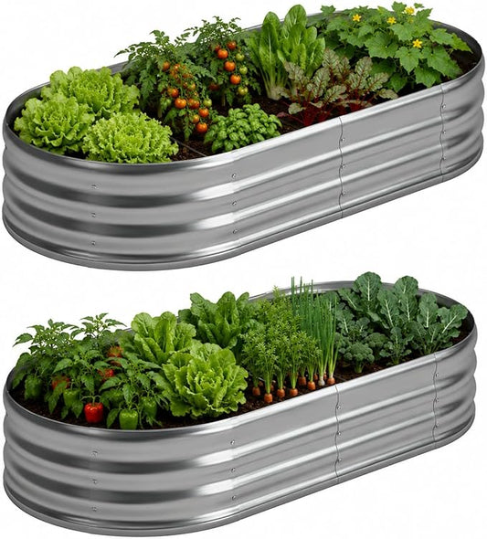Foxlang 6x3x1ft(2 Pack) Galvanized Oval Raised Garden Bed,Outdoor Planter Box Metal Patio Kit Planting Bed for Vegetables Flowers Herb,Silver