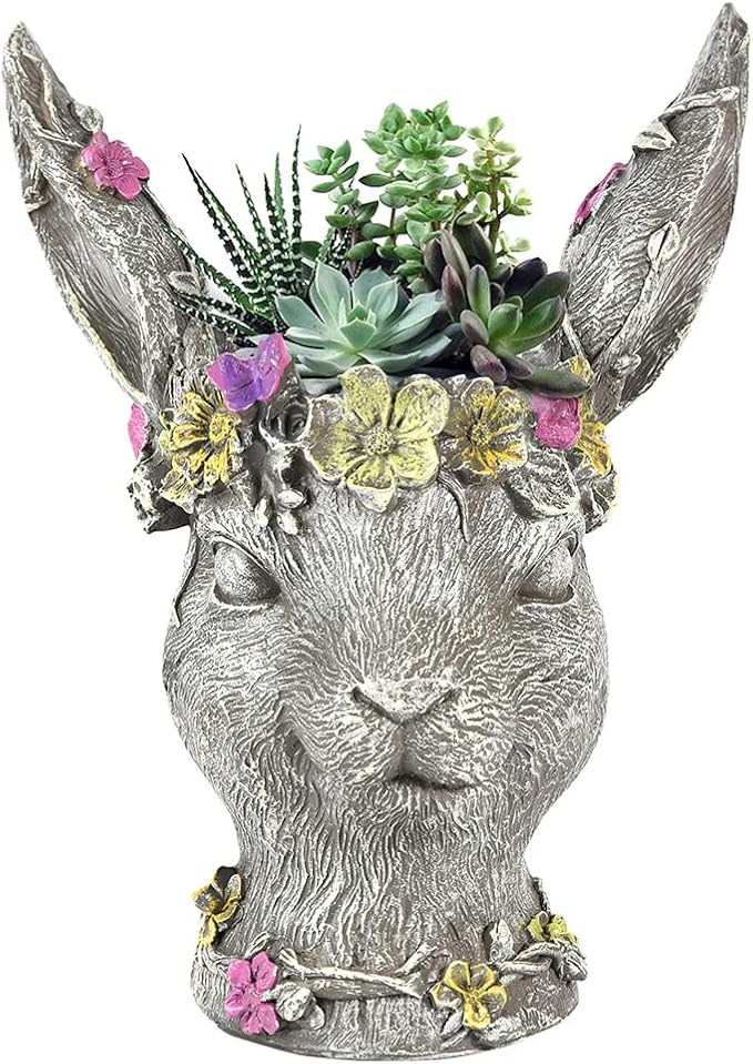 Sungmor Bobby Rabbit Head Planter - Premium Resin & 14.6" Tall Large Garden Pot - Lovely Animal Figurine Ornament Plant Container - Hand-Painted Decorative Plant Pot Indoor Artificial Flower Vase