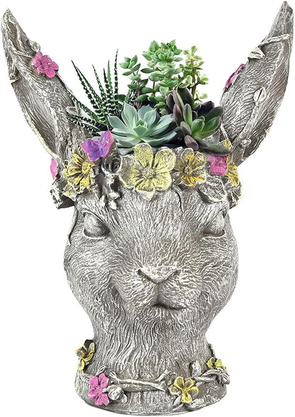 Sungmor Bobby Rabbit Head Planter - Premium Resin & 14.6" Tall Large Garden Pot - Lovely Animal Figurine Ornament Plant Container - Hand-Painted Decorative Plant Pot Indoor Artificial Flower Vase
