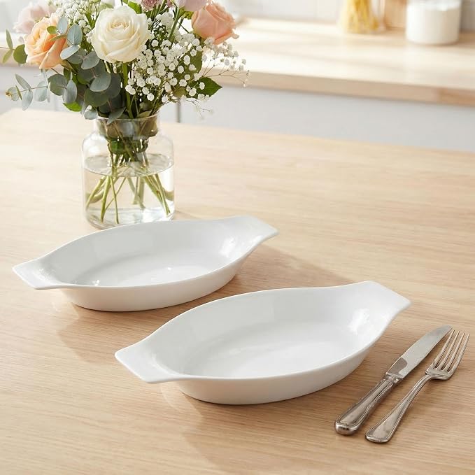 5 x 8 Inch Ceramic Oval Au Gratin Baking Dishes 12 OZ, Set of 4 Banana Split Bowls, for 1 or 2 Person Servings, Bakeware with Handle(10.3 IN) for Kitchen and Home, Oven & Microwave Safe