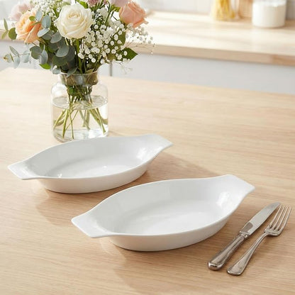 5 x 8 Inch Ceramic Oval Au Gratin Baking Dishes 12 OZ, Set of 4 Banana Split Bowls, for 1 or 2 Person Servings, Bakeware with Handle(10.3 IN) for Kitchen and Home, Oven & Microwave Safe