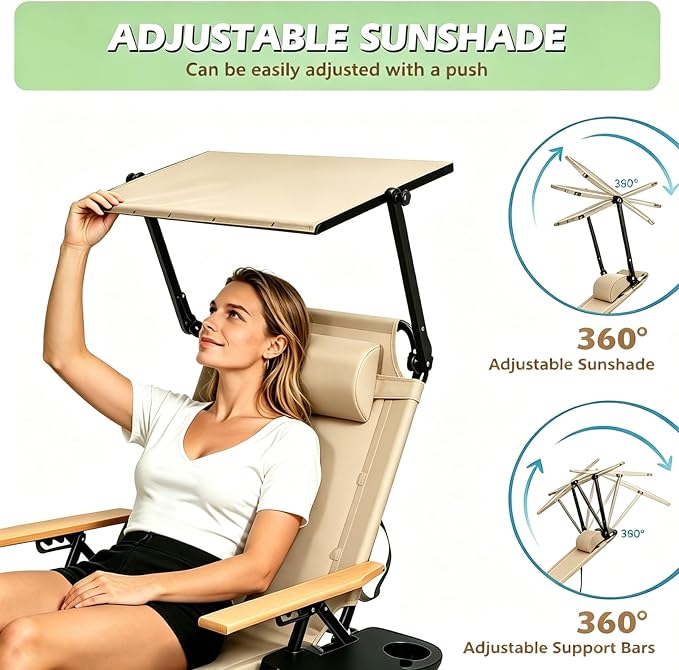 Folding Lounge Chair with Canopy, Tanning Chair with 4-Position Reclining Back, Folding Sun Lounger, Outdoor Lounge Chair for Beach, Poolside, Backyard, Camping, UPF 50+ Sun Shade, 300 LBS
