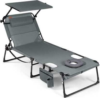 Tanning Chair with Face Hole & Canopy, 28'' Extra Wide, Dark Grey | Folding Chaise Lounge Chair with 4-Position Adjustable Backrest for Beach, Pool, Patio & Camping