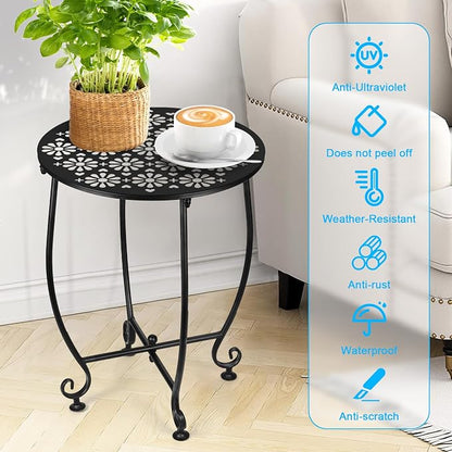14 Inch Outdoor Metal Side Table, Patio Side Table Weather Resistant Metal Side Table, Small Round Outdoor End Table Plant Stands Table Outside for Patio Yard Balcony Garden Black(Color4-Flowers)