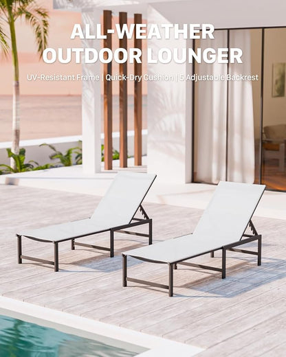 Patio Lounge Chair, Aluminum, 5 Adjustable Backrest, 2 Piece,White | Lightweight rustproof aluminum.5 adjustable backrest positions.Breathable quick-dry fabric.For poolside,beach,lawn,backyard.