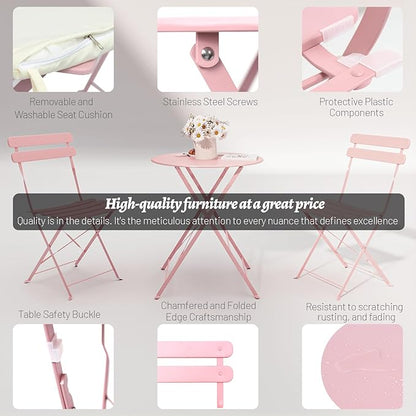 3-Piece Patio Bistro Set Outdoor Furniture Set Folding Bistro Table and Chairs with Premium Steel Frame Weather Resistant Conversation Set for Bistro Balcony Porch Yard Garden(pink with cushion)