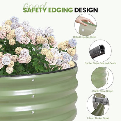 G GOOD GAIN Round Raised Garden Bed - 2Pcs 3x3x1ft Galvanized Steel Planter Boxes Outdoor with Rubber Edge Trim | Metal Raised Beds for Gardening Vegetables Flowers Fruits Herbs (Olive Green)