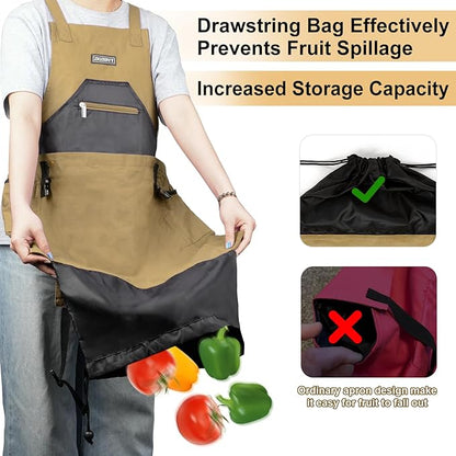 Garden Apron,Harvest Aprons with Drawstring Bag and Pockets for Women and Men,Canvas Fruit Picking Apron