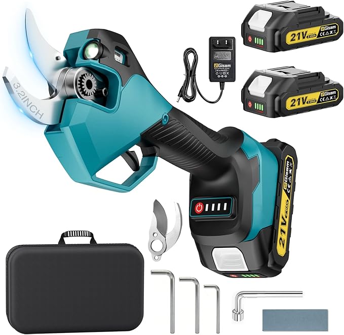 Electric Pruning Shears Cordless - Max 3.2inch Opening Diameter with LED Light & LCD Display, 1600W Brushless Heavy Duty Pruner, 4 Adjustable Size, SK5 Blades, 2 Batteries for Gardening Pruning