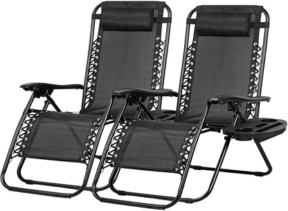 Nazhura Set of 2 Relaxing Recliners Patio Chairs Adjustable Steel Mesh Zero Gravity Lounge Chair Beach Chairs with Pillow and Cup Holder Black