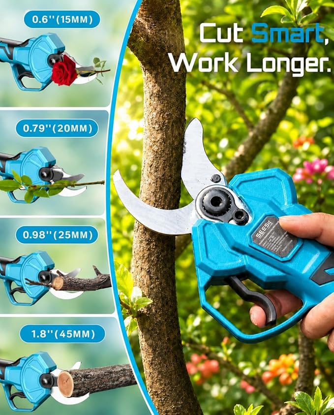SEESII Electric Pruning Shears for Gardening: 1.8” Cutting Cordless Power Pruner - Brushless Motor, Dual 4.0Ah Battery, 4 Levels Adjustable Extra SK5 Blade Branches Cutter For Tree & Flower Trimming