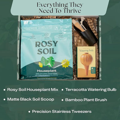 Rosy Soil Plant Parent Essentials Gift Box - Indoor Plant Kit & Gardening Tool Kit | Peat-Free Houseplant Soil, Terracotta Watering Bulb, Soil Scoop, Plant Brush - Gift for Plant Lovers